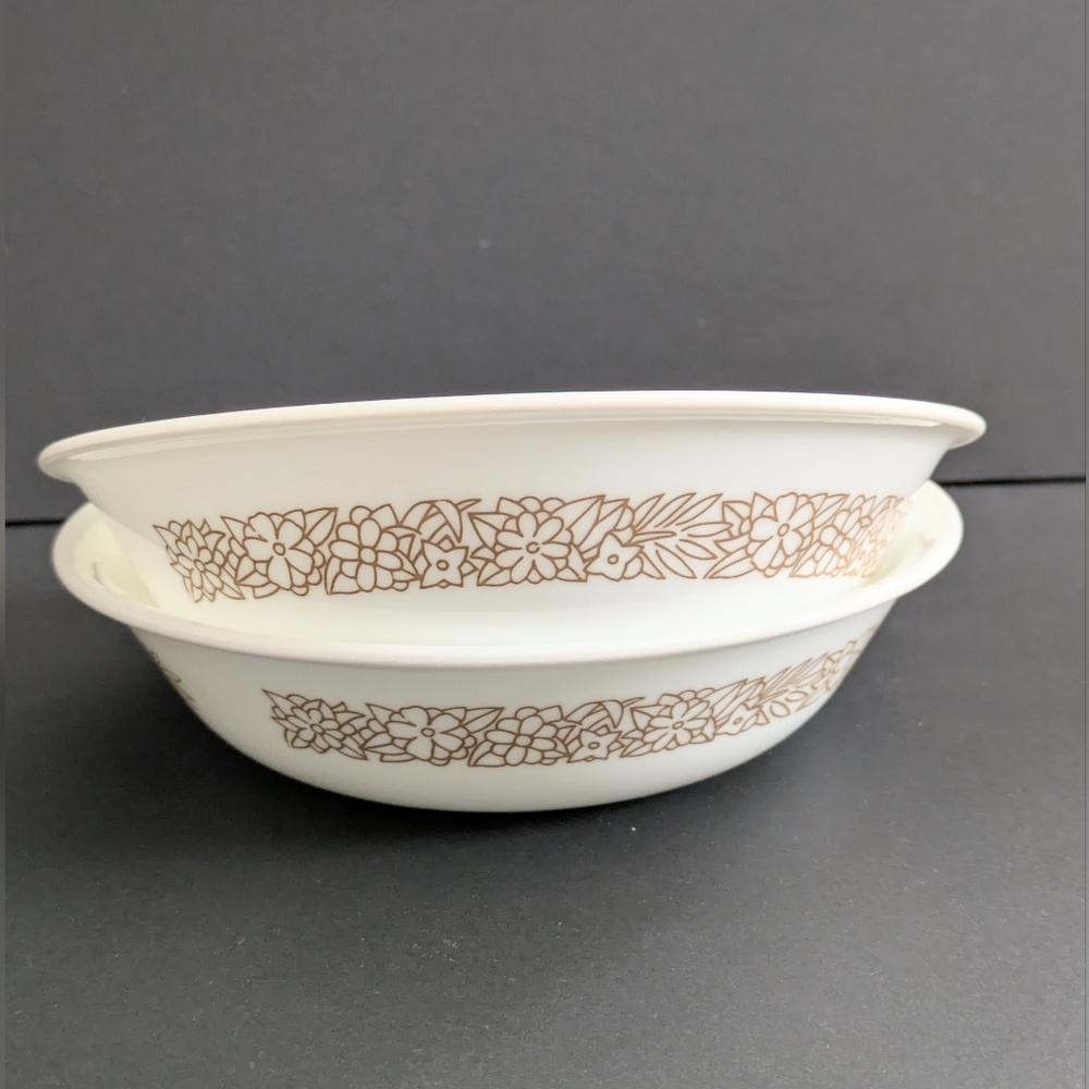 2 Vintage Corelle Cereal Bowls Woodland Brown Floral Milk Glass Dishes Cabincore